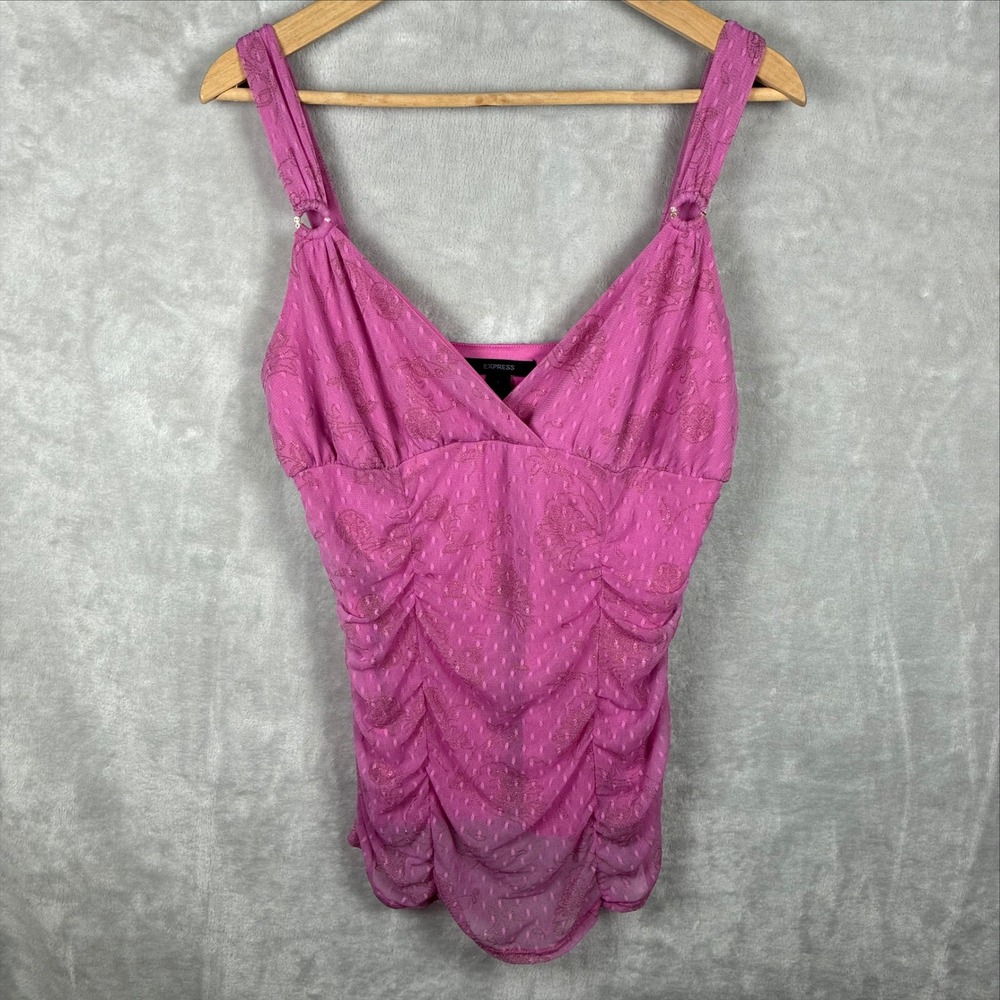 Express Pink Floral Mesh Ruched V-Neck Camisole Tank Top Large